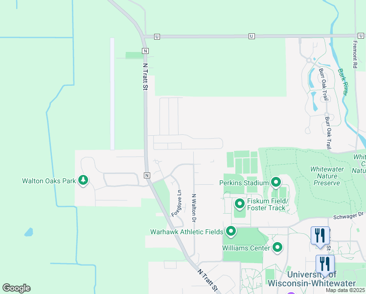 map of restaurants, bars, coffee shops, grocery stores, and more near 755 North Tratt Street in Whitewater