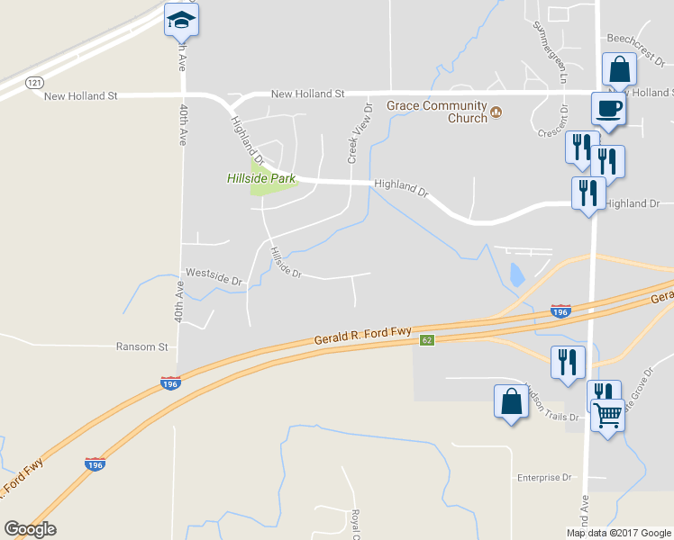 map of restaurants, bars, coffee shops, grocery stores, and more near 3737 Hillside Drive in Hudsonville