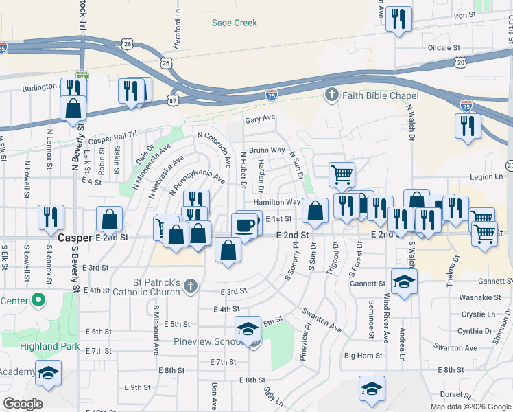 map of restaurants, bars, coffee shops, grocery stores, and more near 3014 Hamilton Way in Casper