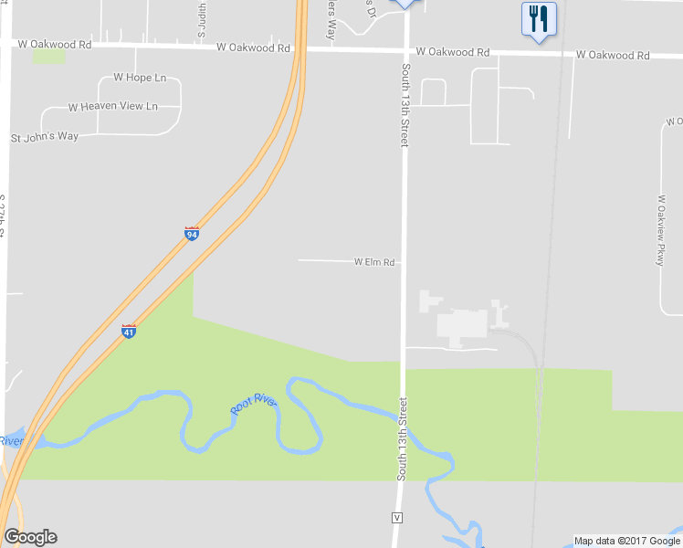 map of restaurants, bars, coffee shops, grocery stores, and more near 1501 West Elm Road in Oak Creek