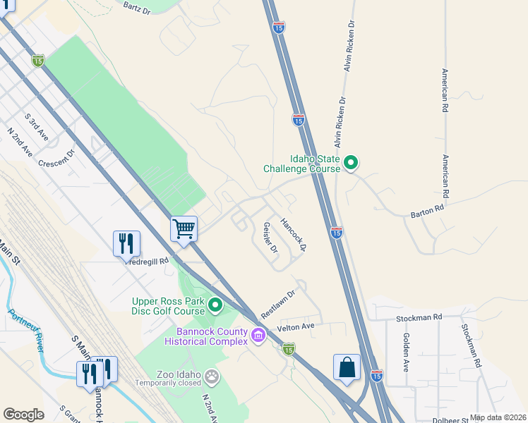 map of restaurants, bars, coffee shops, grocery stores, and more near 845 Barton Road in Pocatello