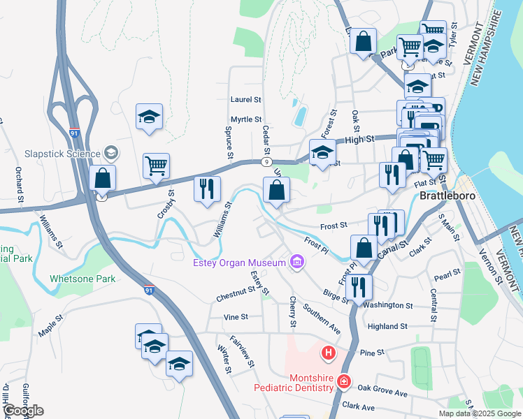 map of restaurants, bars, coffee shops, grocery stores, and more near 231 Birge Street in Brattleboro