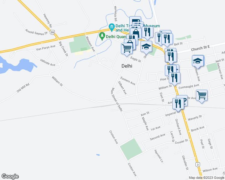 map of restaurants, bars, coffee shops, grocery stores, and more near 356 Main Street of Delhi in Delhi