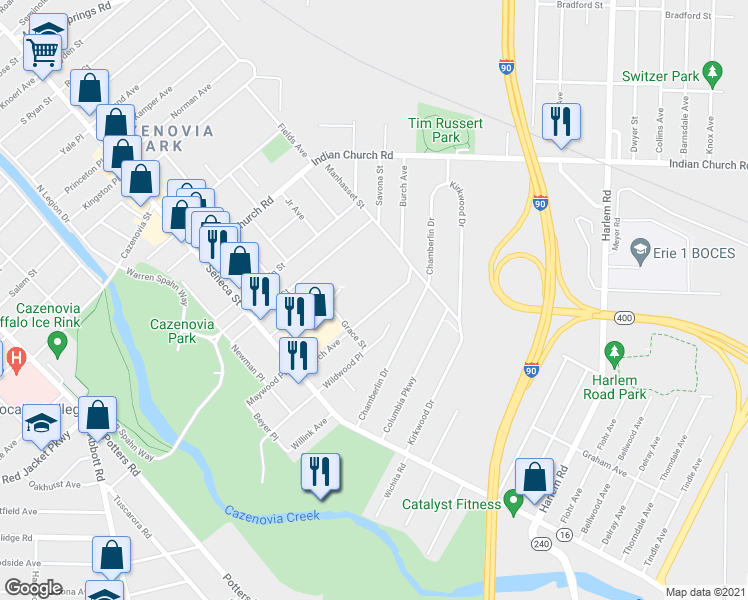 map of restaurants, bars, coffee shops, grocery stores, and more near 120 Burch Avenue in Buffalo