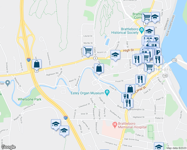 map of restaurants, bars, coffee shops, grocery stores, and more near 28 Williams Street in Brattleboro