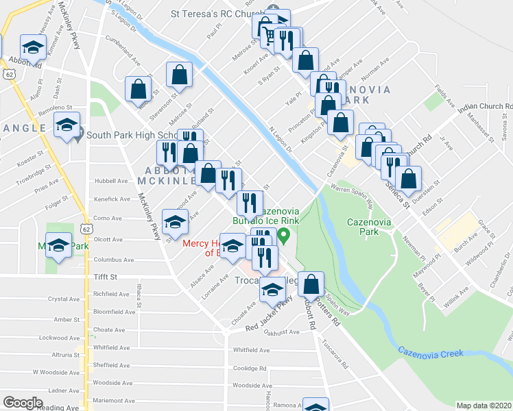 map of restaurants, bars, coffee shops, grocery stores, and more near 45 Salem Street in Buffalo