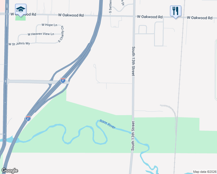 map of restaurants, bars, coffee shops, grocery stores, and more near 1501 West Elm Road in Oak Creek