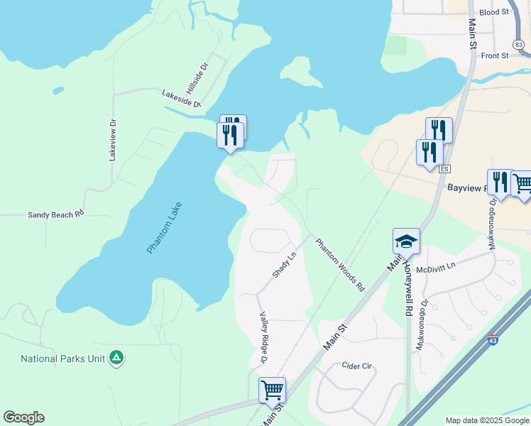 map of restaurants, bars, coffee shops, grocery stores, and more near W298S10655 Phantom Woods Road in Mukwonago