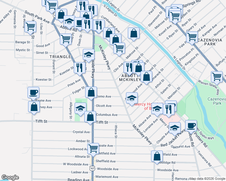map of restaurants, bars, coffee shops, grocery stores, and more near 73 Kenefick Avenue in Buffalo