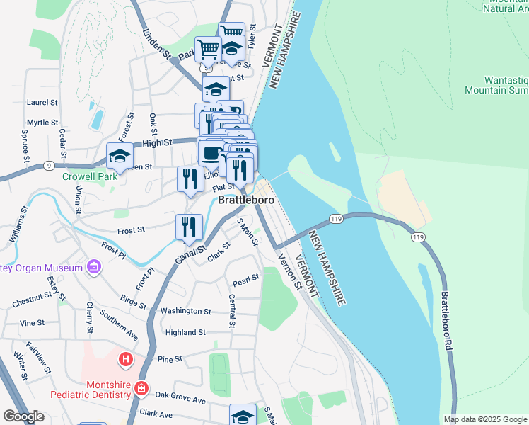 map of restaurants, bars, coffee shops, grocery stores, and more near 10 Vermont 142 in Brattleboro
