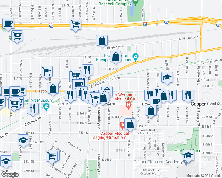 map of restaurants, bars, coffee shops, grocery stores, and more near 151 North Jackson Street in Casper