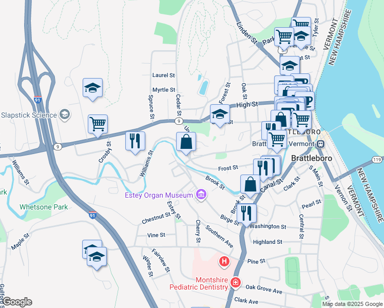 map of restaurants, bars, coffee shops, grocery stores, and more near 5 Butterfly Lane in Brattleboro