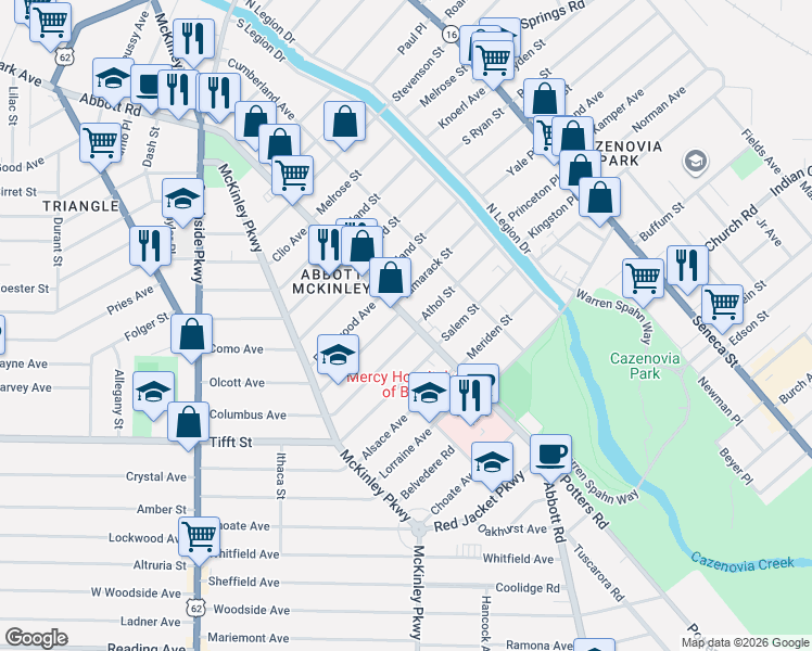 map of restaurants, bars, coffee shops, grocery stores, and more near 445 Abbott Road in Buffalo