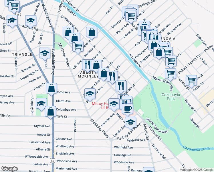 map of restaurants, bars, coffee shops, grocery stores, and more near 445 Abbott Road in Buffalo