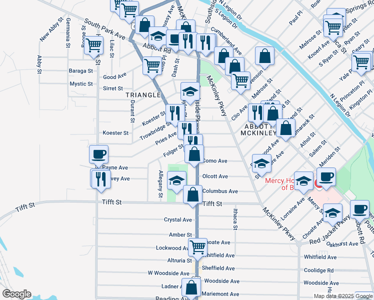 map of restaurants, bars, coffee shops, grocery stores, and more near 182 Folger Street in Buffalo