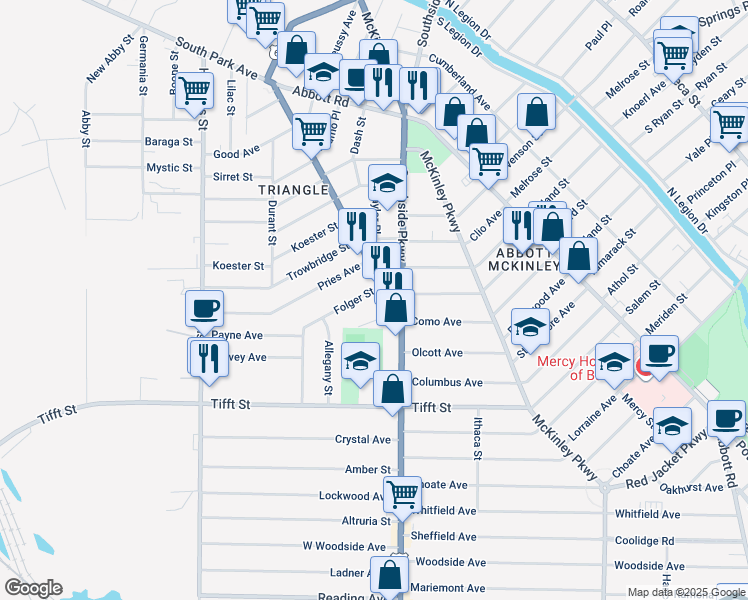map of restaurants, bars, coffee shops, grocery stores, and more near 182 Folger Street in Buffalo