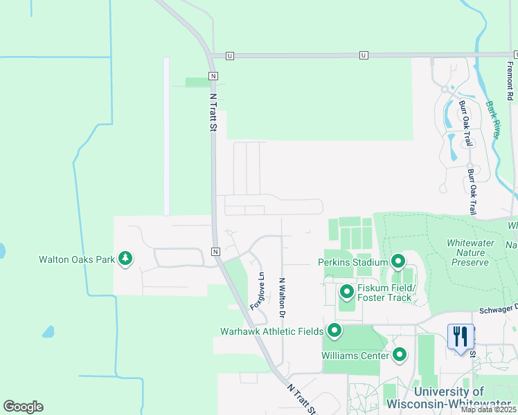 map of restaurants, bars, coffee shops, grocery stores, and more near 1-230 North Tratt Street in Whitewater