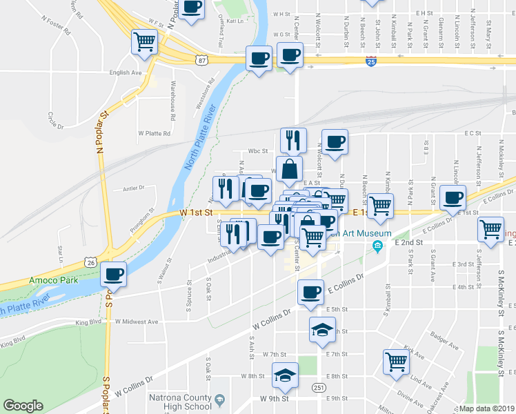 map of restaurants, bars, coffee shops, grocery stores, and more near 234 West 1st Street in Casper