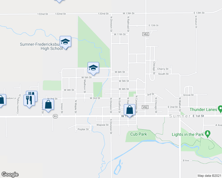 map of restaurants, bars, coffee shops, grocery stores, and more near 401 North Division Street in Sumner