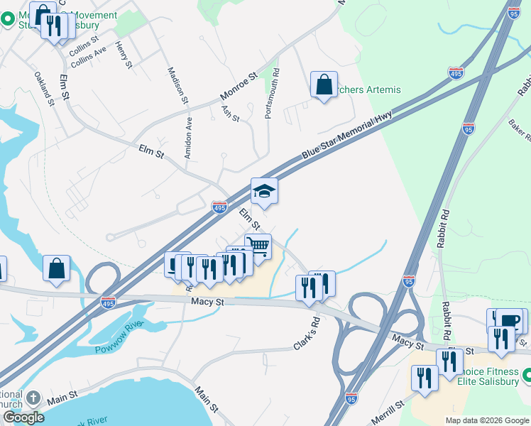 map of restaurants, bars, coffee shops, grocery stores, and more near 259 Elm Street in Amesbury