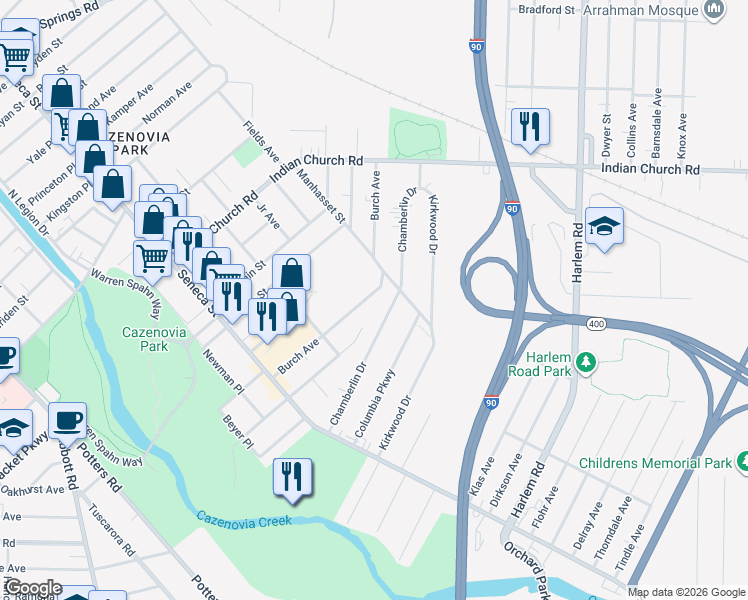 map of restaurants, bars, coffee shops, grocery stores, and more near 143 Burch Avenue in Buffalo