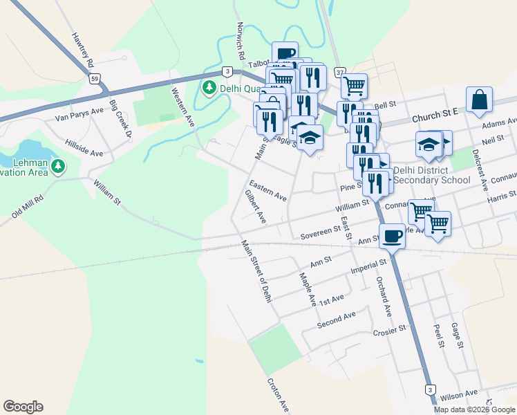 map of restaurants, bars, coffee shops, grocery stores, and more near 162 Eastern Avenue in Delhi