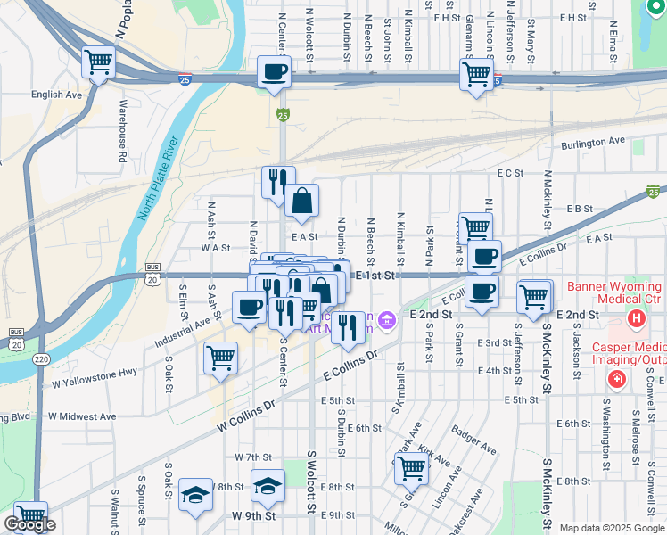 map of restaurants, bars, coffee shops, grocery stores, and more near 234 East 1st Street in Casper