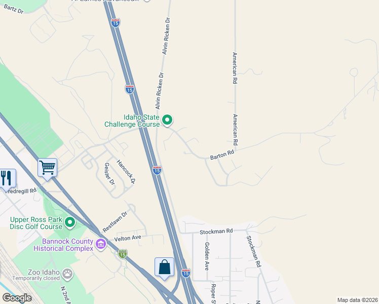 map of restaurants, bars, coffee shops, grocery stores, and more near 1365 Barton Road in Pocatello