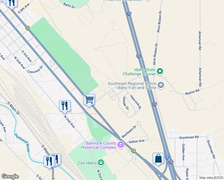 map of restaurants, bars, coffee shops, grocery stores, and more near 850 Barton Road in Pocatello