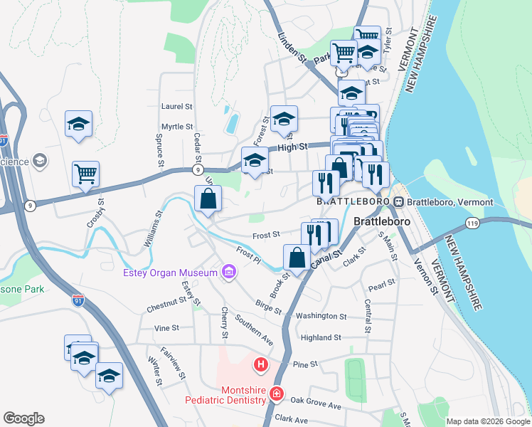 map of restaurants, bars, coffee shops, grocery stores, and more near 177 Elliot Street in Brattleboro