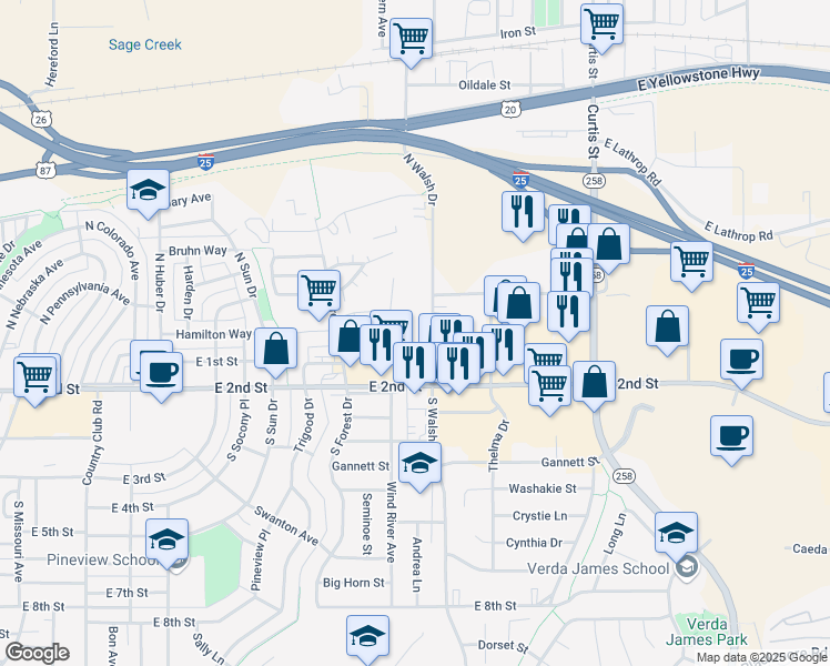 map of restaurants, bars, coffee shops, grocery stores, and more near 150 North Walsh Drive in Casper