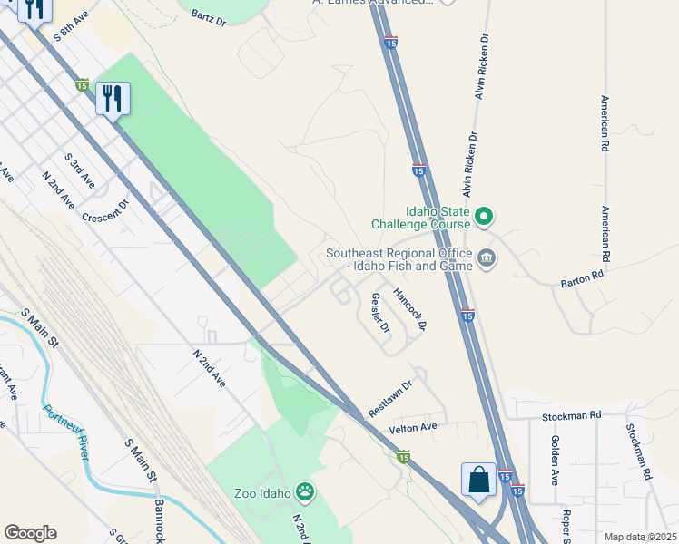 map of restaurants, bars, coffee shops, grocery stores, and more near 850 Barton Road in Pocatello