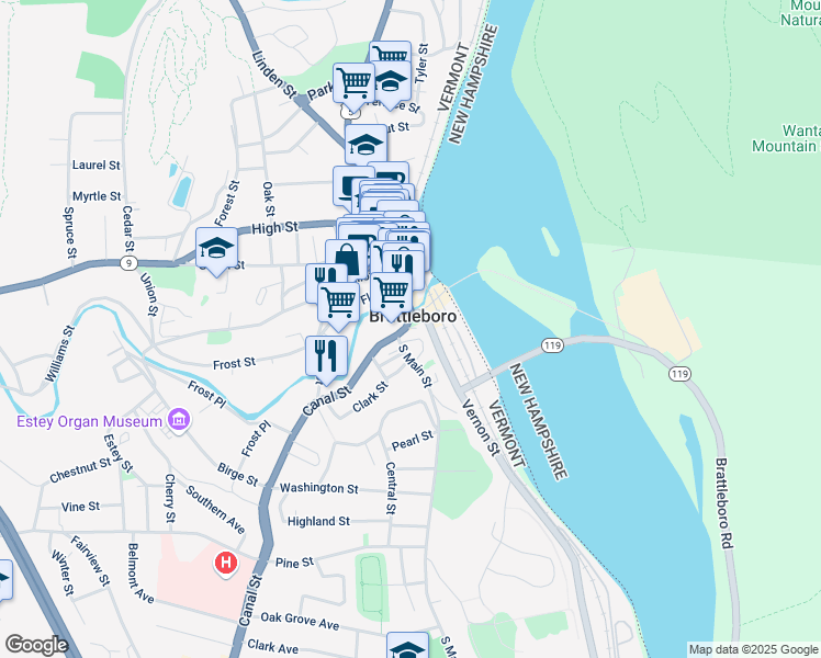map of restaurants, bars, coffee shops, grocery stores, and more near Holstein Place in Brattleboro