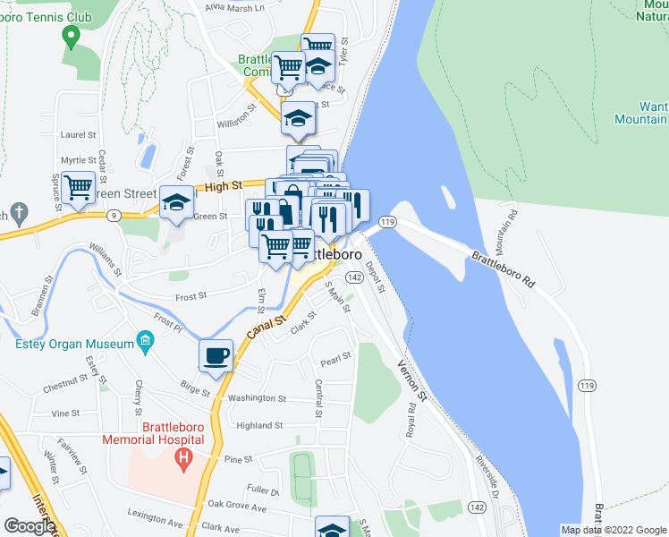 map of restaurants, bars, coffee shops, grocery stores, and more near Holstein Place in Brattleboro