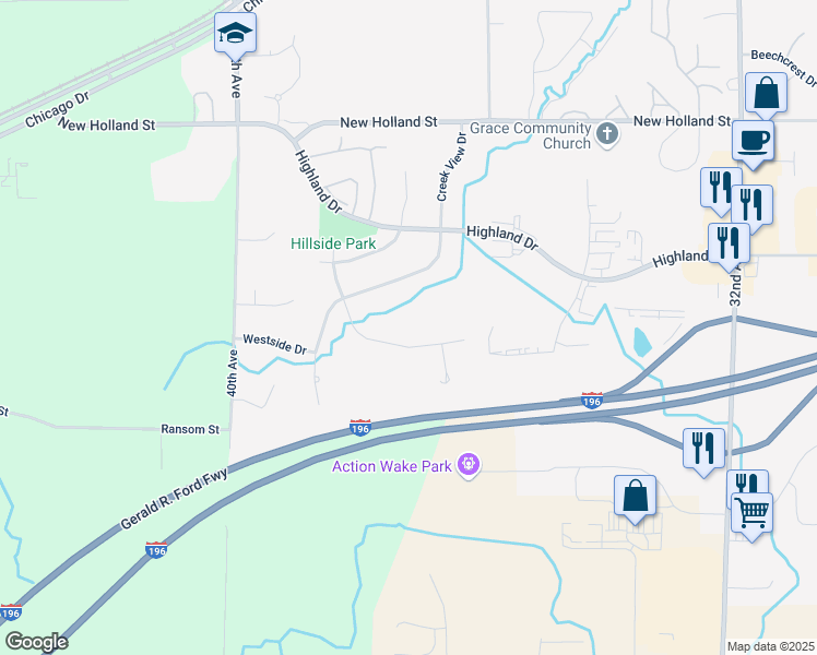 map of restaurants, bars, coffee shops, grocery stores, and more near 3737 Hillside Drive in Hudsonville