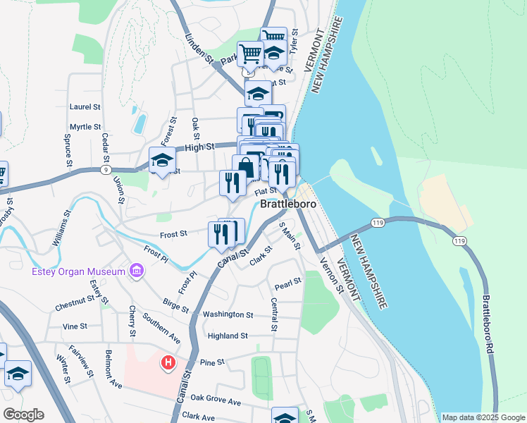 map of restaurants, bars, coffee shops, grocery stores, and more near 12 Main Street in Brattleboro