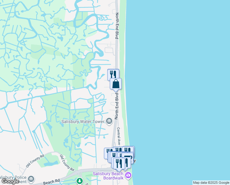 map of restaurants, bars, coffee shops, grocery stores, and more near 171 North End Blvd in Salisbury