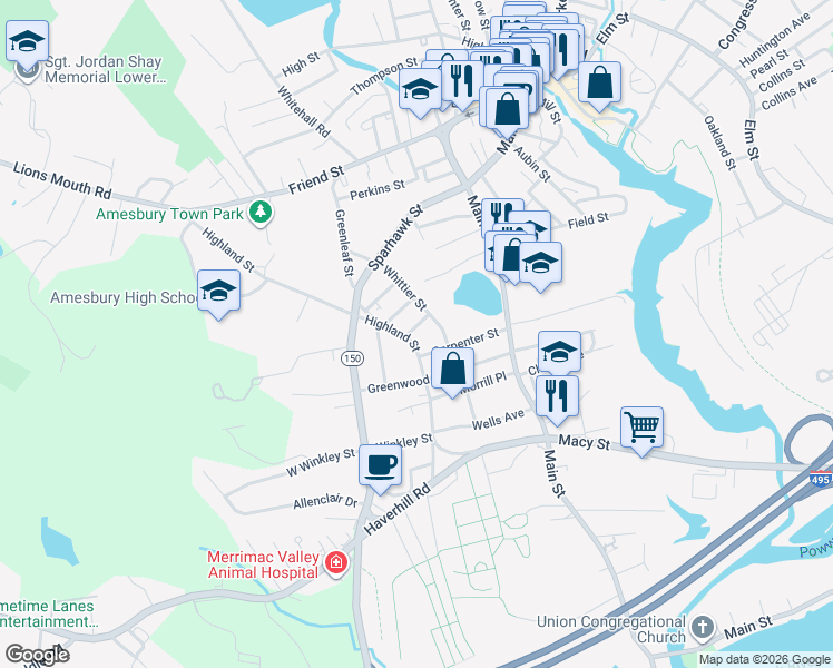 map of restaurants, bars, coffee shops, grocery stores, and more near 80 Highland Street in Amesbury