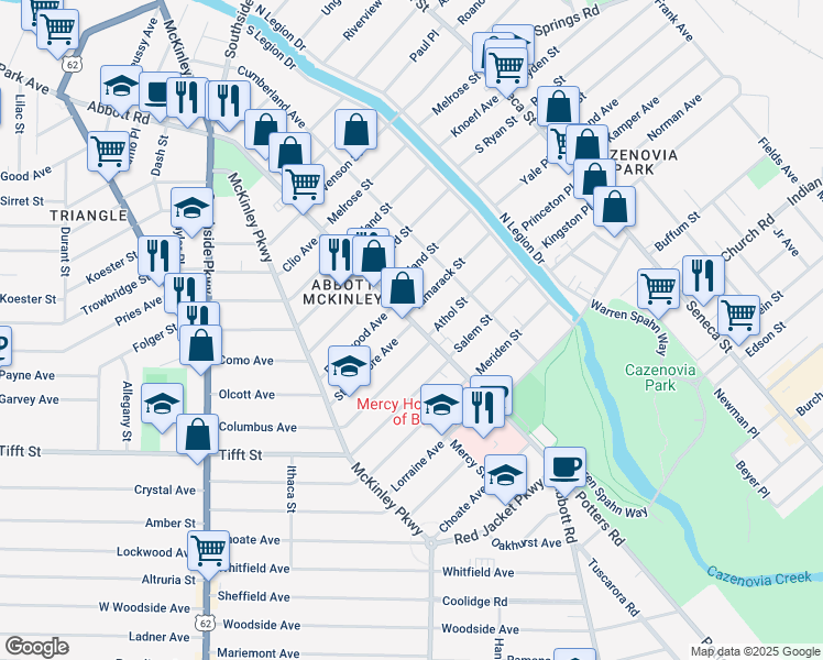 map of restaurants, bars, coffee shops, grocery stores, and more near 445 Abbott Road in Buffalo