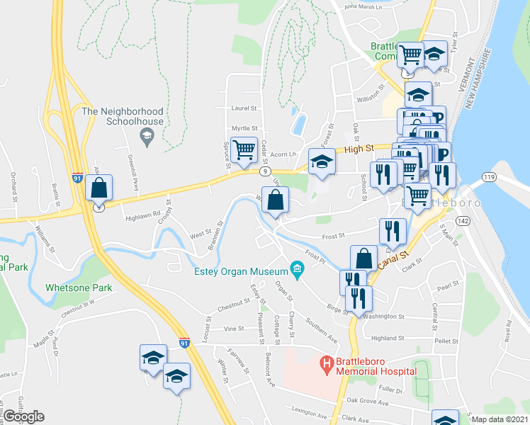 map of restaurants, bars, coffee shops, grocery stores, and more near 28 Williams Street in Brattleboro