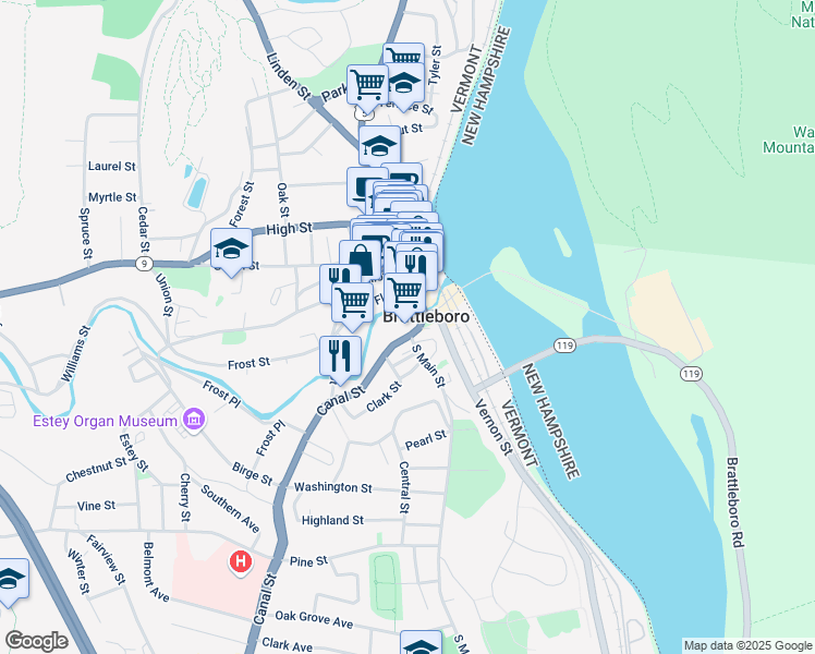 map of restaurants, bars, coffee shops, grocery stores, and more near 2 Main Street in Brattleboro