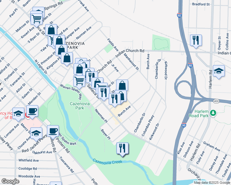 map of restaurants, bars, coffee shops, grocery stores, and more near 55 Edson St in Buffalo