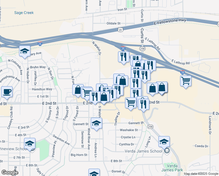 map of restaurants, bars, coffee shops, grocery stores, and more near 4000 East 2nd Street in Casper