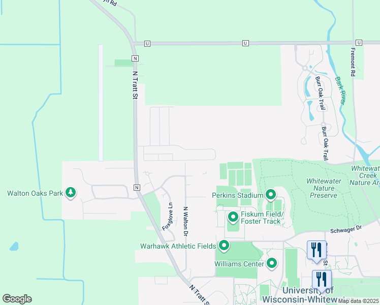 map of restaurants, bars, coffee shops, grocery stores, and more near 1-230 North Tratt Street in Whitewater