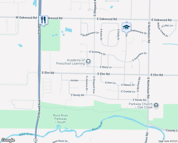 map of restaurants, bars, coffee shops, grocery stores, and more near 708 East Elm Road in Oak Creek