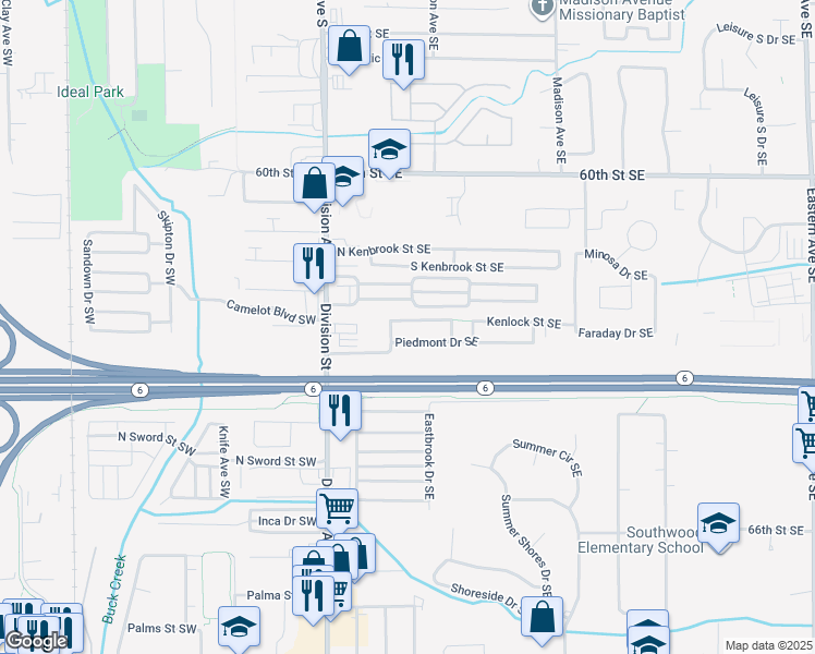 map of restaurants, bars, coffee shops, grocery stores, and more near 132 Fontana Street Southeast in Grand Rapids