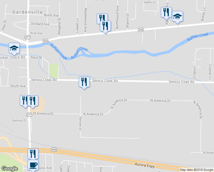 map of restaurants, bars, coffee shops, grocery stores, and more near 319 Seneca Creek Road in Buffalo