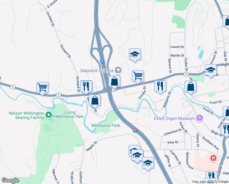 map of restaurants, bars, coffee shops, grocery stores, and more near 328 Vermont 9 in Brattleboro