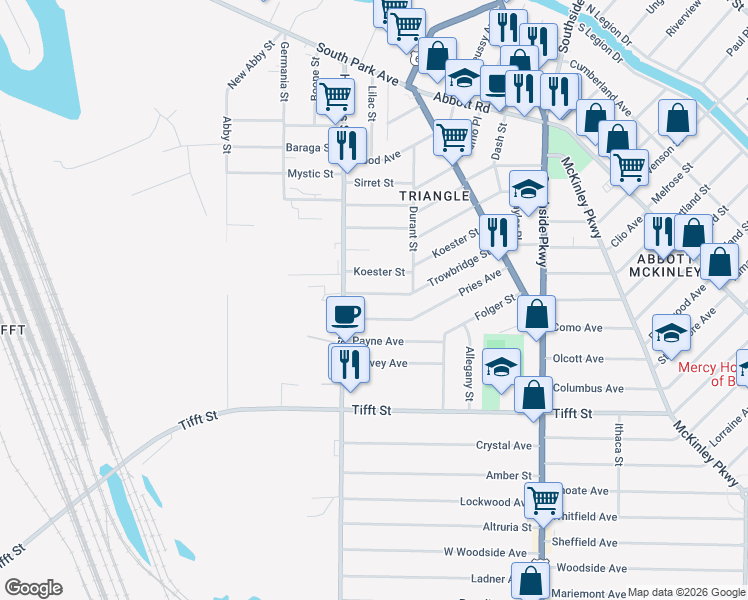 map of restaurants, bars, coffee shops, grocery stores, and more near 33 Trowbridge Street in Buffalo
