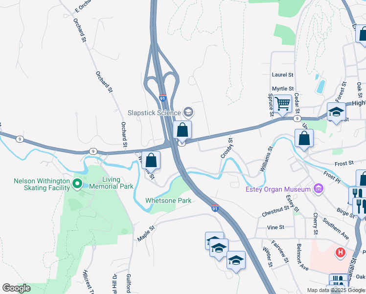 map of restaurants, bars, coffee shops, grocery stores, and more near 328 Vermont 9 in Brattleboro